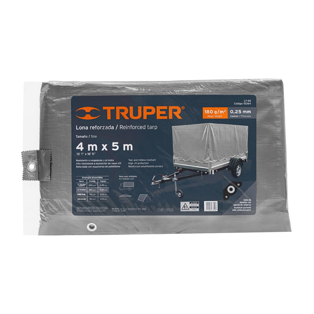 Lona de polietileno reforzada 4 x 5 m, gris, 180g/m2, TRUPER, 
