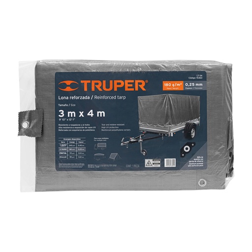 [15363-LT-34] Lona de polietileno reforzada 3 x 4 m, gris, 180g/m2, TRUPER, 