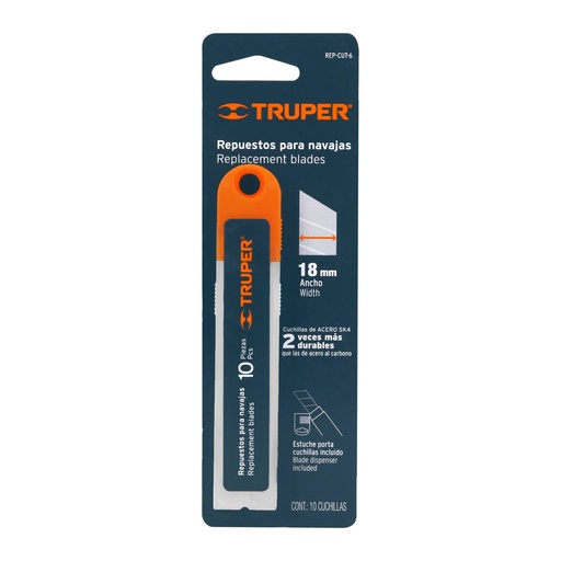 [16965-REP-CUT-6] Estuche con 10 cuchillas SK4 de 18 mm para cutter, Truper, 